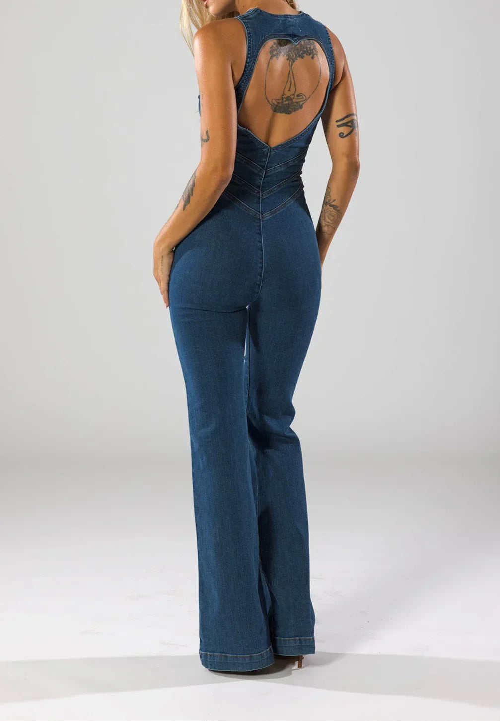 Women's Flare Denim Jumpsuit Deep V-Neck