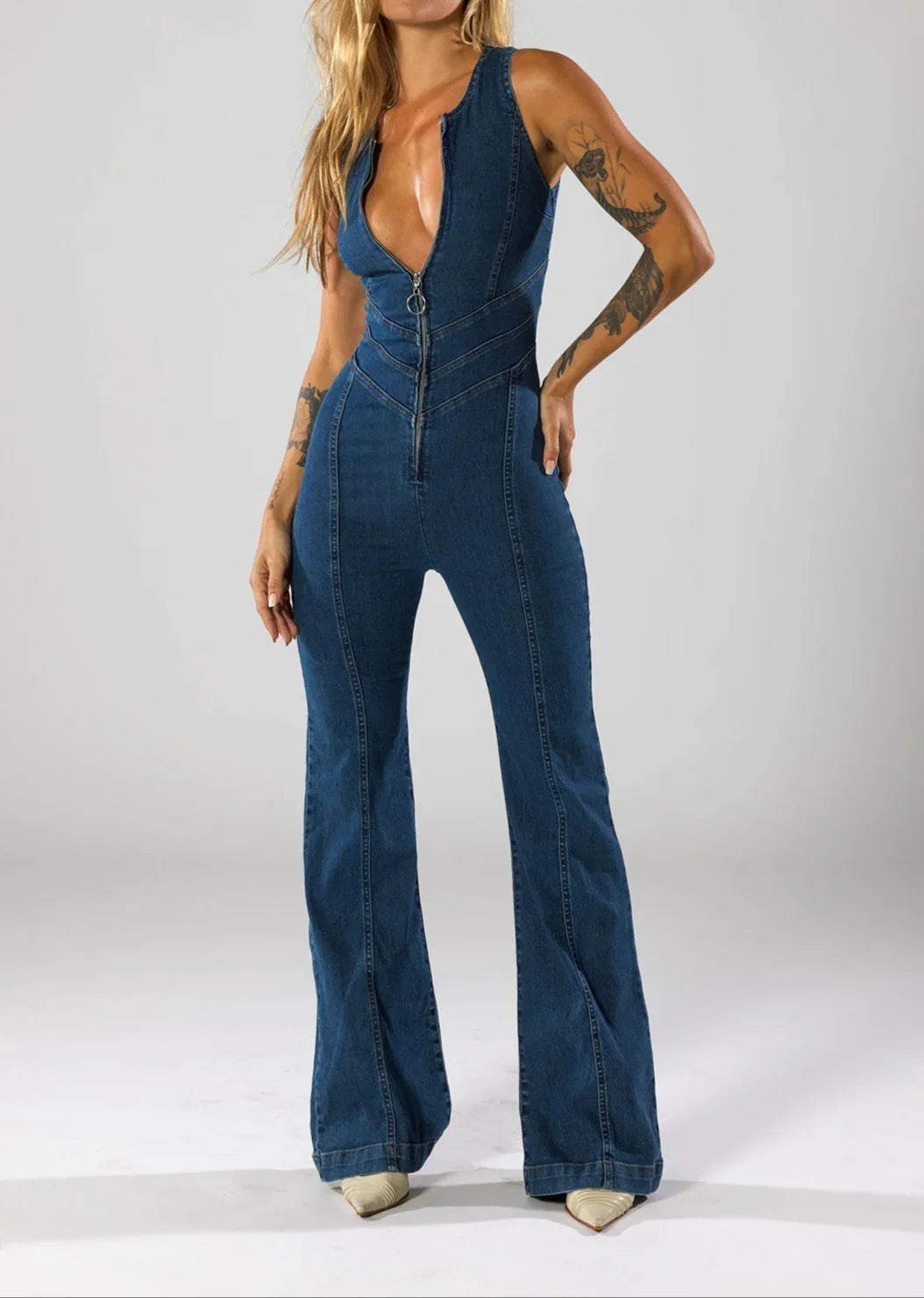 Women's Flare Denim Jumpsuit Deep V-Neck
