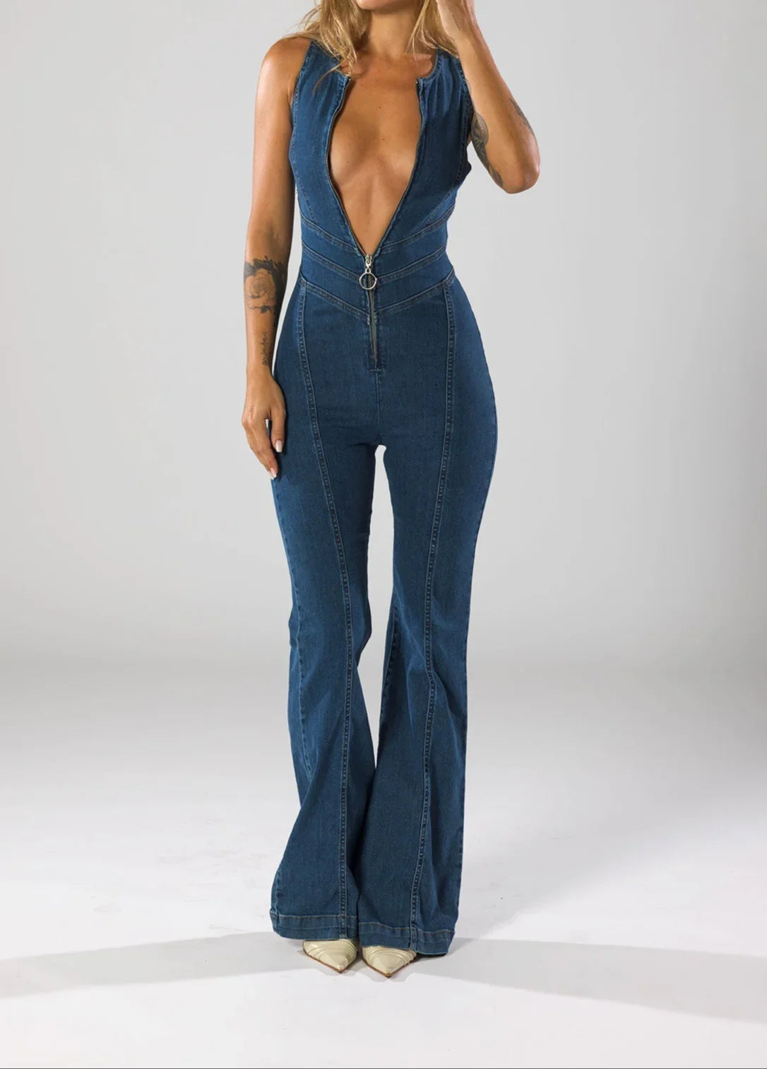 Women's Flare Denim Jumpsuit Deep V-Neck