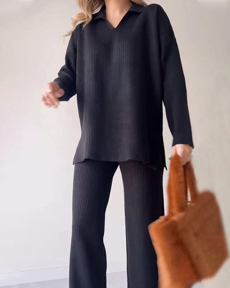 Women's Knit Loungewear Set Soft Ribbed Fabric V-Neck Top Wide-Leg Trousers