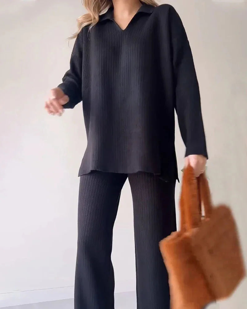 Women's Loungewear Set Soft Ribbed Knit V-Neck Top & Wide-Leg Trousers