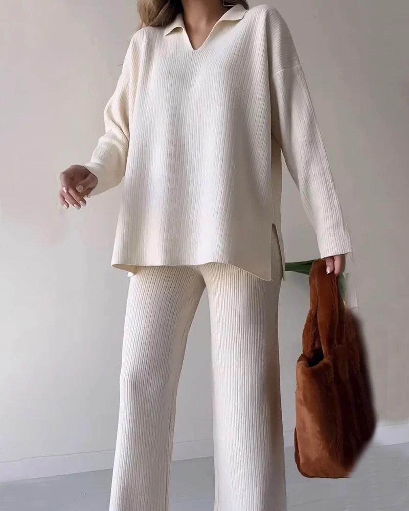 Women's Knit Loungewear Set Soft Ribbed Fabric V-Neck Top Wide-Leg Trousers