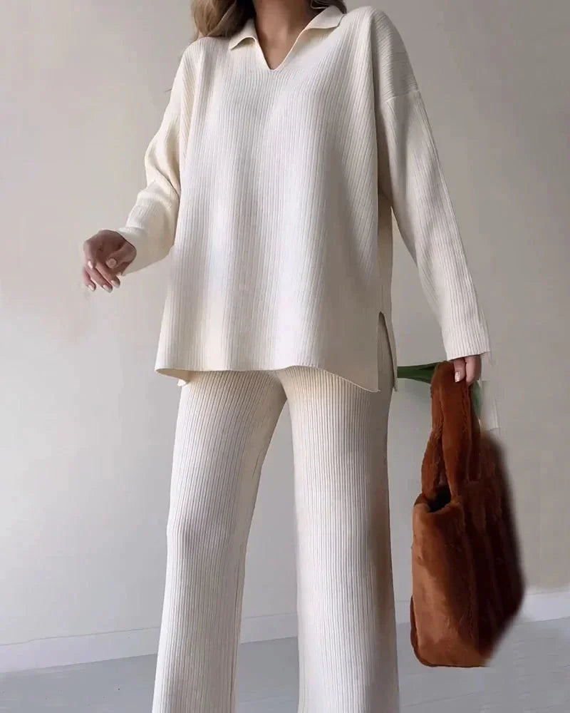 Women's Loungewear Set Soft Ribbed Knit V-Neck Top & Wide-Leg Trousers