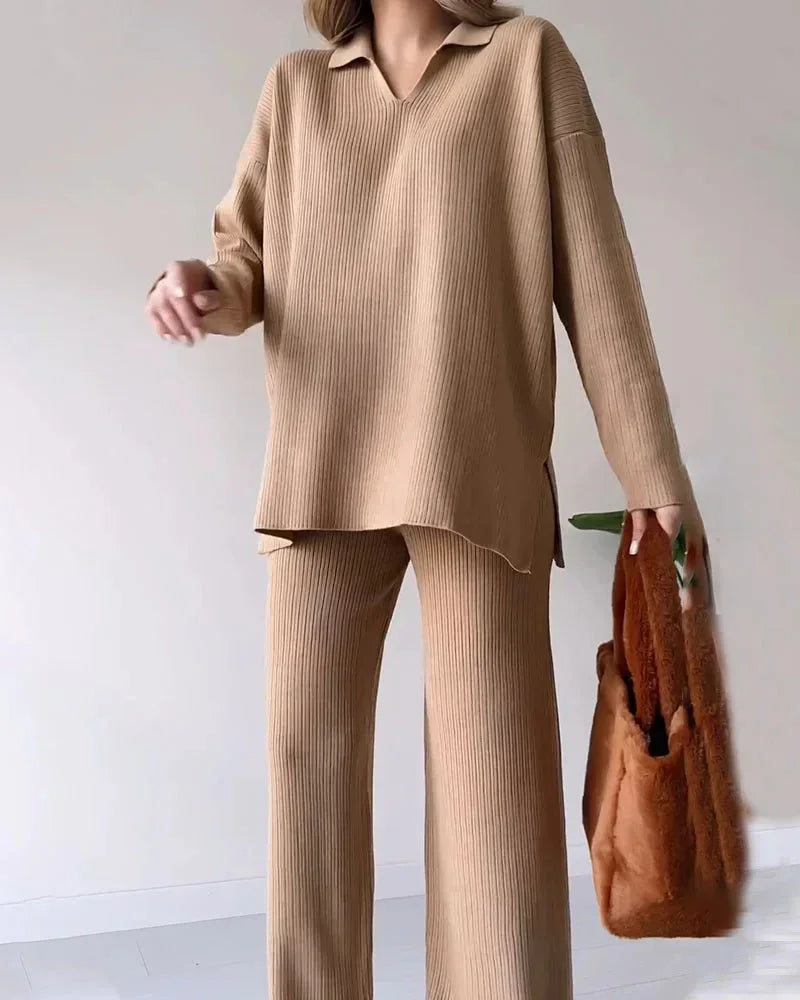 Women's Loungewear Set Soft Ribbed Knit V-Neck Top & Wide-Leg Trousers