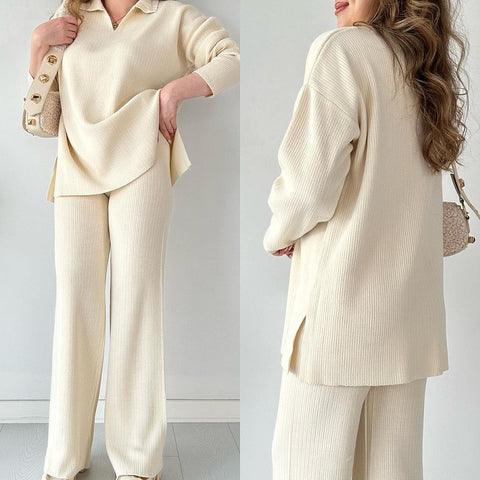 Women's Knit Loungewear Set Soft Ribbed Fabric V-Neck Top Wide-Leg Trousers