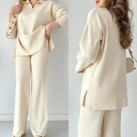 Women's Loungewear Set Soft Ribbed Knit V-Neck Top & Wide-Leg Trousers