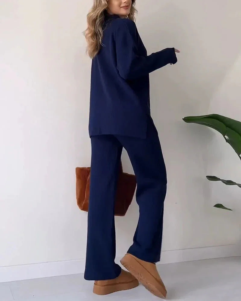 Women's Loungewear Set Soft Ribbed Knit V-Neck Top & Wide-Leg Trousers