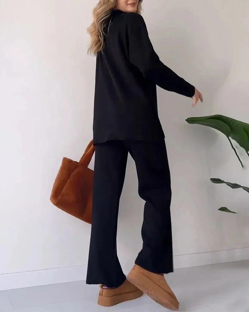 Women's Loungewear Set Soft Ribbed Knit V-Neck Top & Wide-Leg Trousers