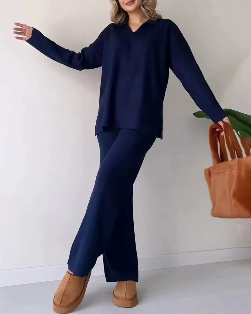 Women's Loungewear Set Soft Ribbed Knit V-Neck Top & Wide-Leg Trousers