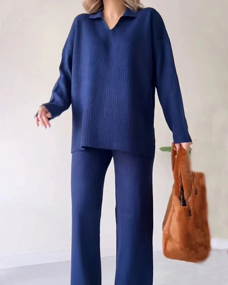Women's Loungewear Set Soft Ribbed Knit V-Neck Top & Wide-Leg Trousers