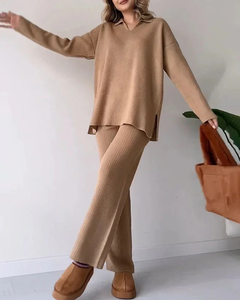 Women's Loungewear Set Soft Ribbed Knit V-Neck Top & Wide-Leg Trousers