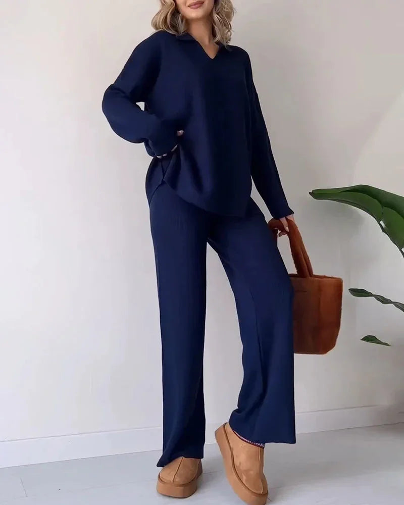 Women's Loungewear Set Soft Ribbed Knit V-Neck Top & Wide-Leg Trousers
