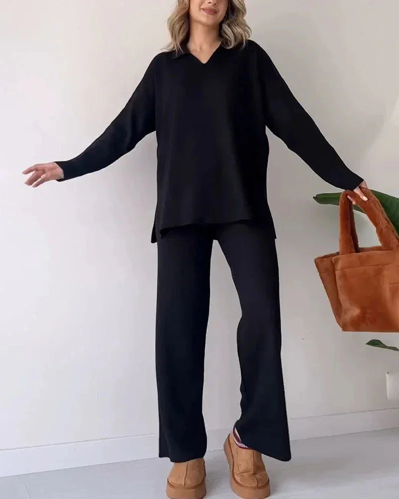 Women's Loungewear Set Soft Ribbed Knit V-Neck Top & Wide-Leg Trousers