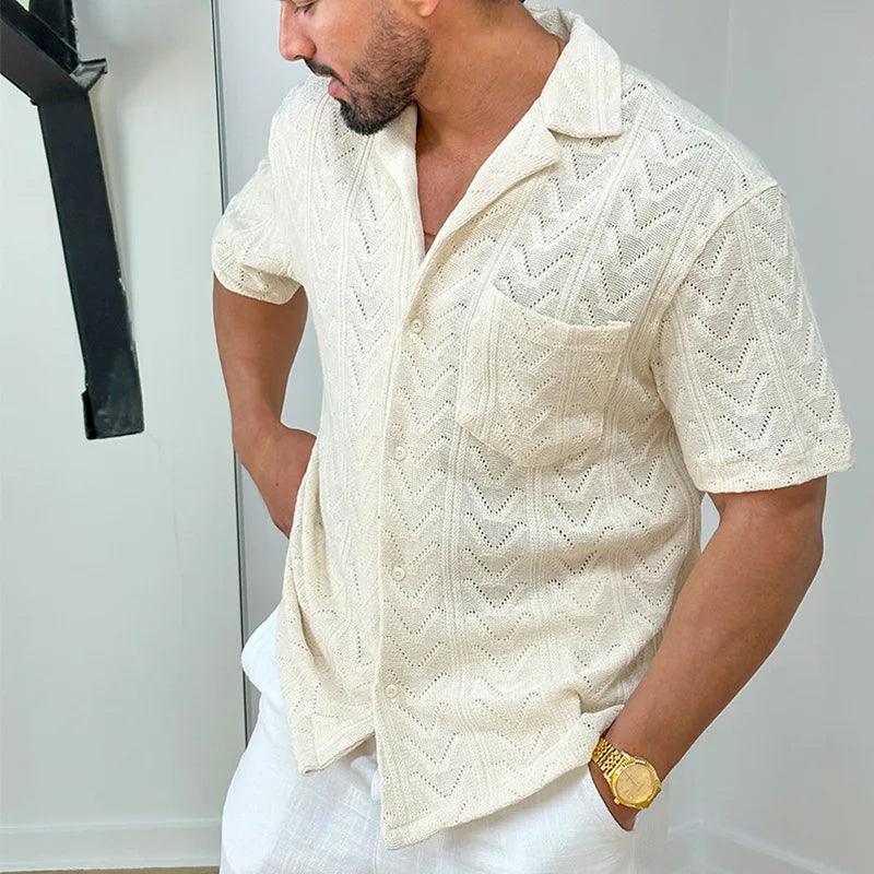 Men’s Short Sleeve Knit Shirt Jacquard Texture Relaxed Fit