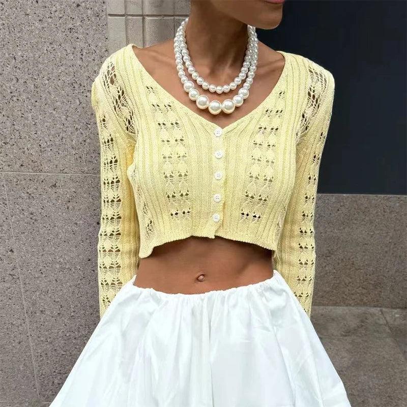 Women's Long Sleeve V Neck Crochet Cardigan