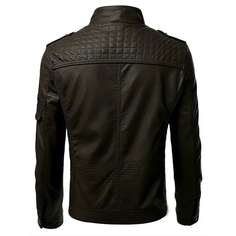 Men's Leather Jacket Stand Collar Zipper Pockets
