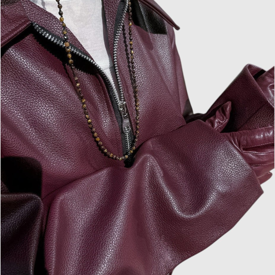 Women's Leather Jacket Zip-Up Stand Collar