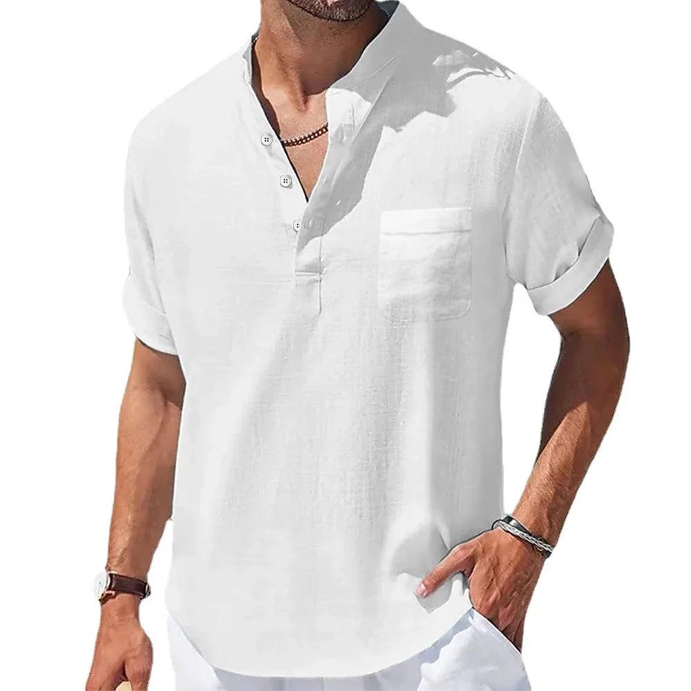 Men's Summer Henley T-Shirt | Cotton and Linen Blend, Short Sleeve Casual Top - northernnomad