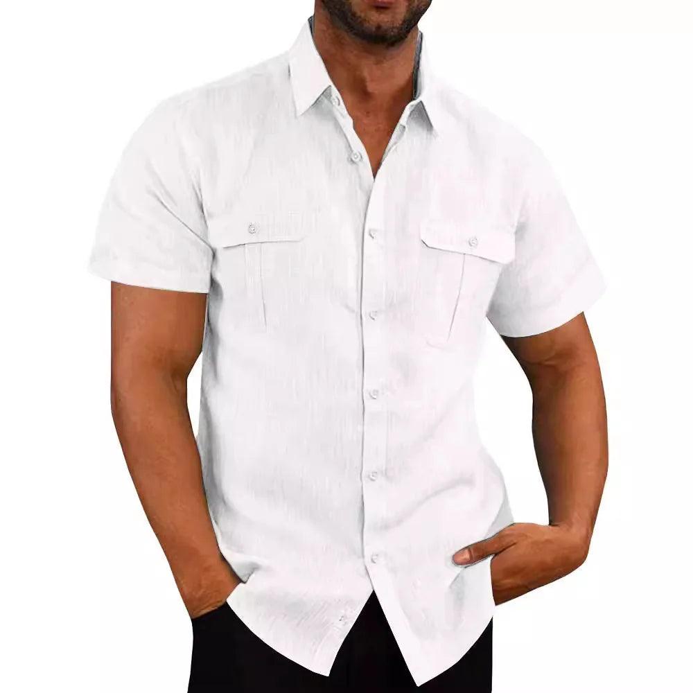 Coastal Stroll Double Pocket Shirt | Men's Cotton Linen Short Sleeve Casualwear - northernnomad