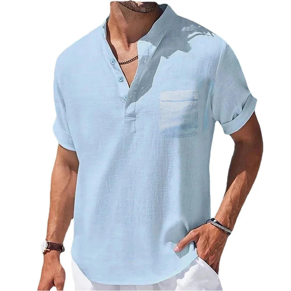 Men's Summer Henley T-Shirt | Cotton and Linen Blend, Short Sleeve Casual Top - northernnomad