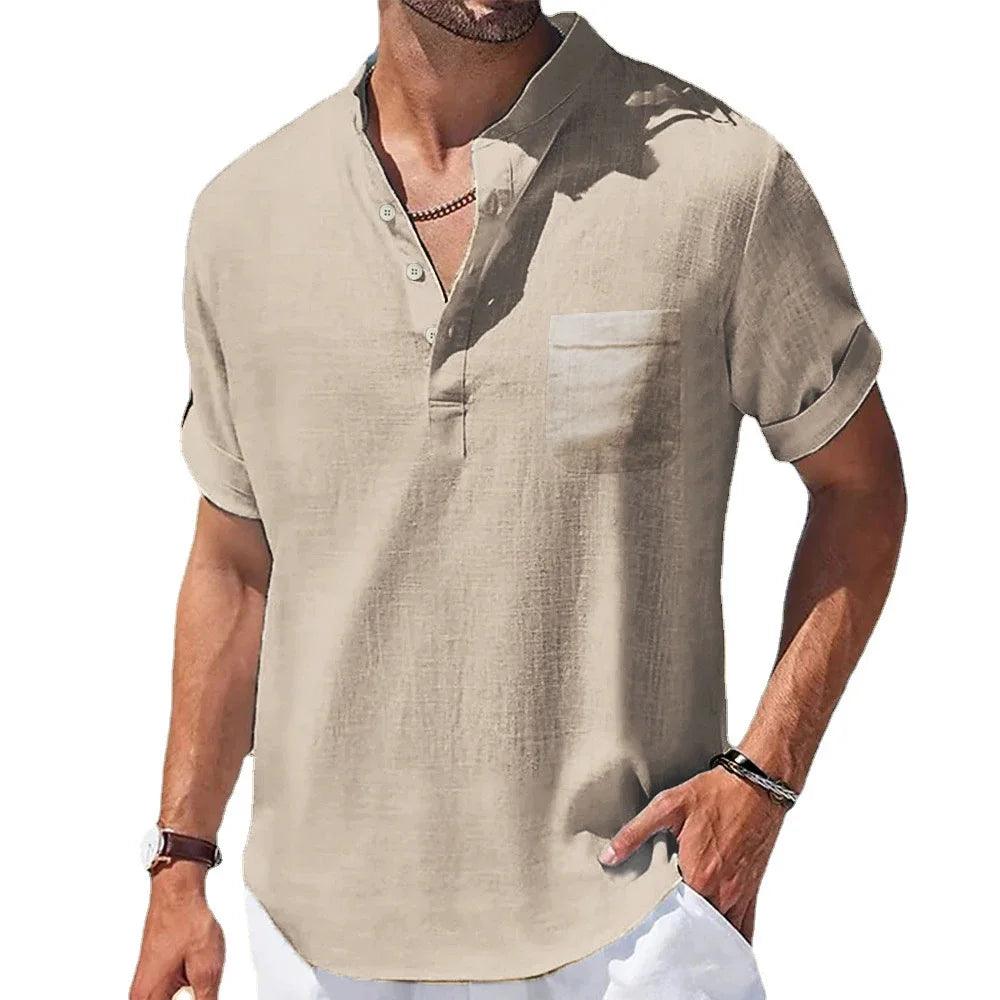 Men's Summer Henley T-Shirt | Cotton and Linen Blend, Short Sleeve Casual Top - northernnomad