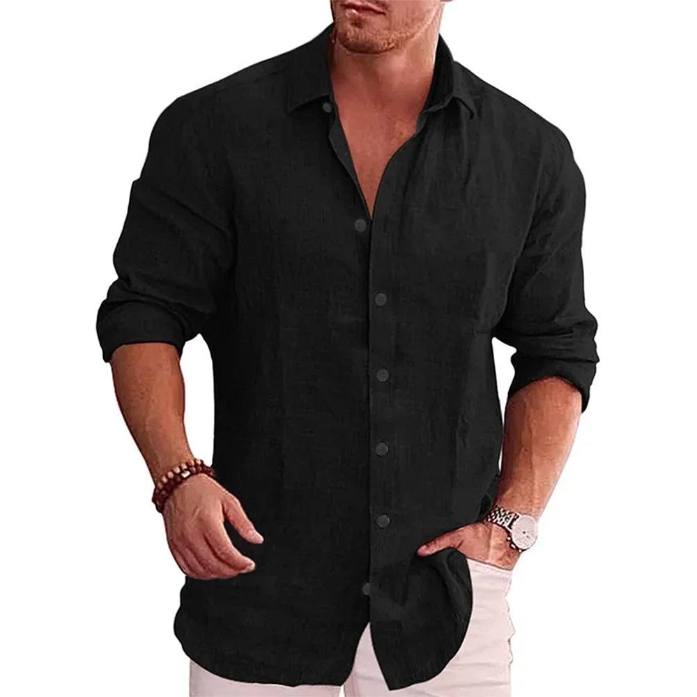 Cotton-Linen Autumn Shirt for Men | Solid Color Casual Style with Turn-Down Collar - northernnomad