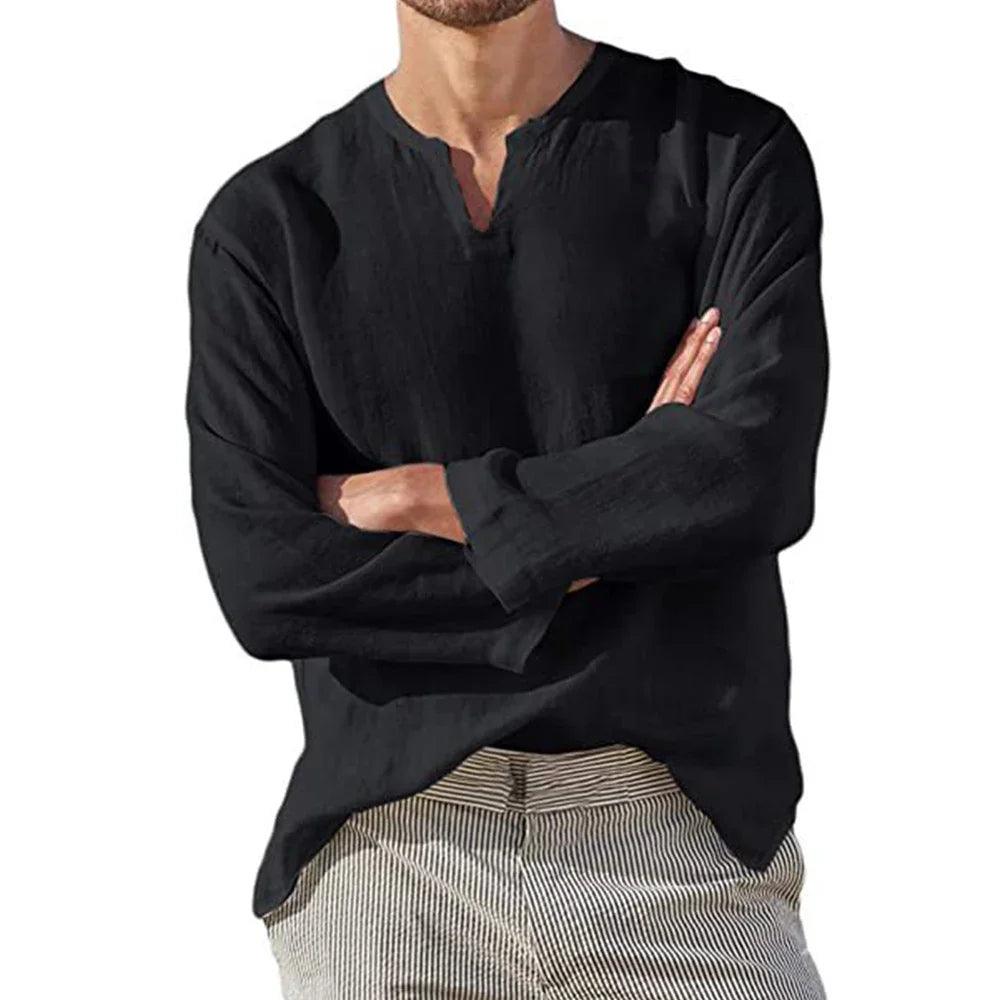 Breezewalk Linen Shirt | Men's V-Neck Long Sleeve Cotton Blend Pullover - northernnomad