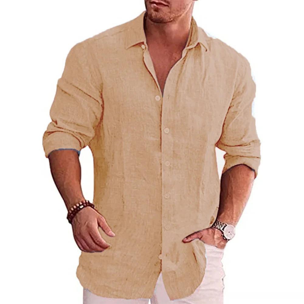 Cotton-Linen Autumn Shirt for Men | Solid Color Casual Style with Turn-Down Collar - northernnomad
