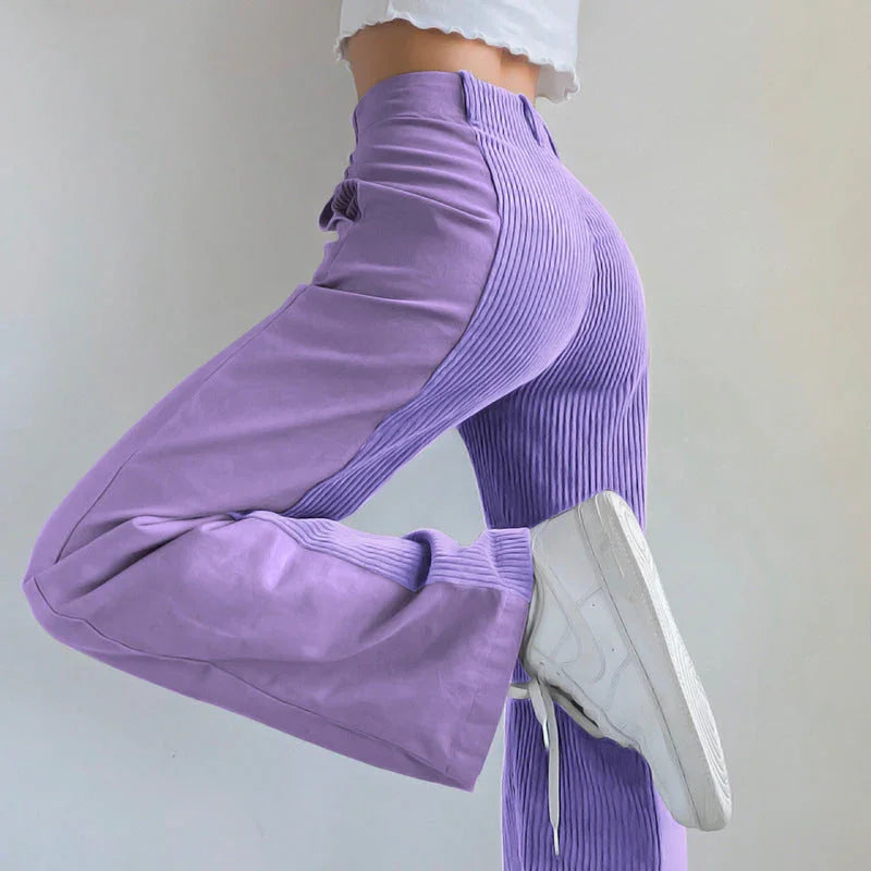 Women's Flared Wide Leg Trousers with Ribbed Side Detailing