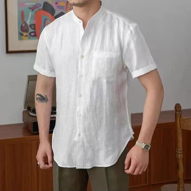 Men’s Linen Button-Up Shirt – Relaxed Fit Long Sleeve with Mandarin Collar