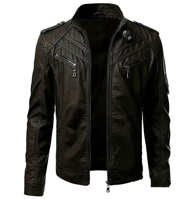 Men's Leather Jacket Stand Collar Zipper Pockets