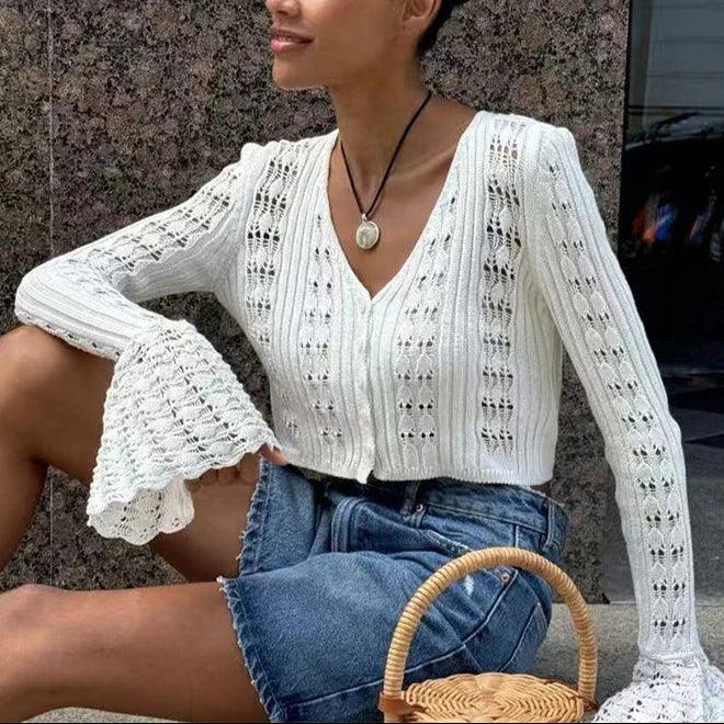 Women's Long Sleeve V Neck Crochet Cardigan