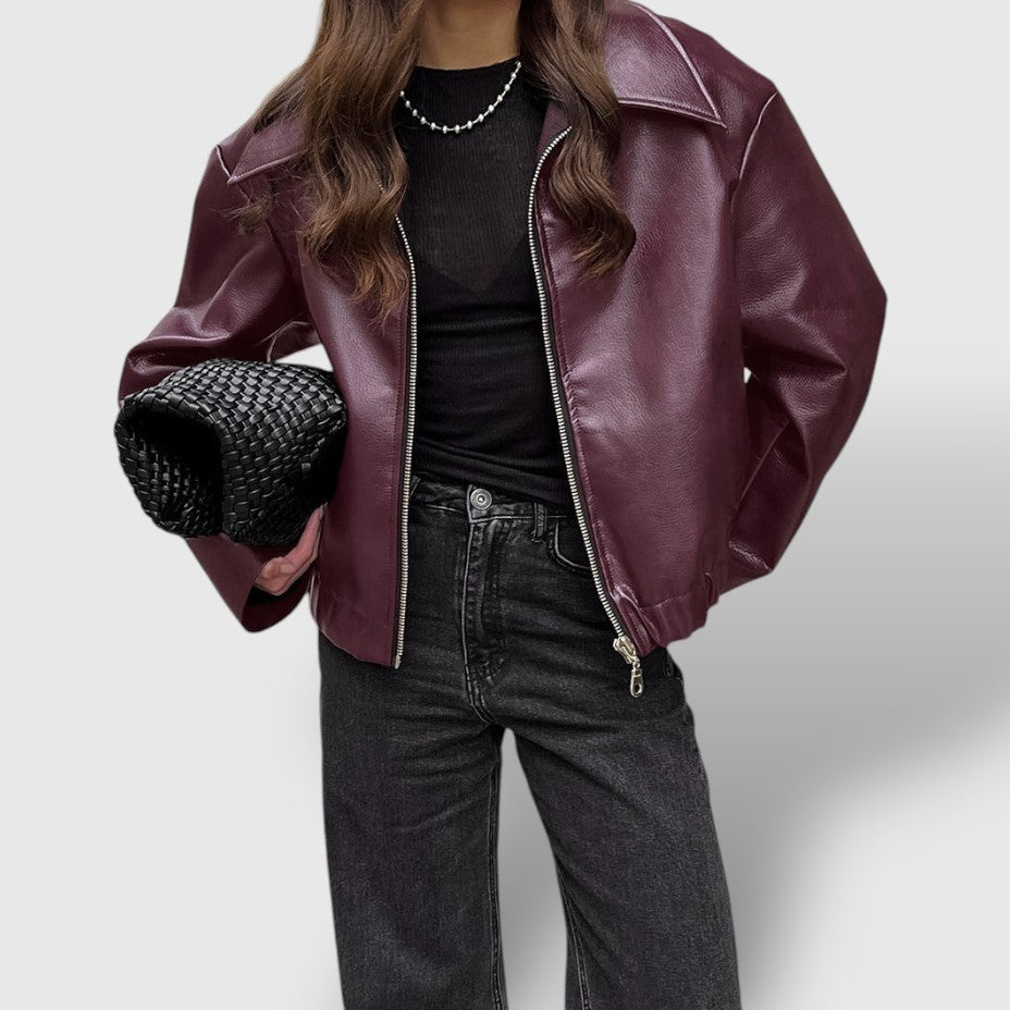 Women's Leather Jacket Zip-Up Stand Collar