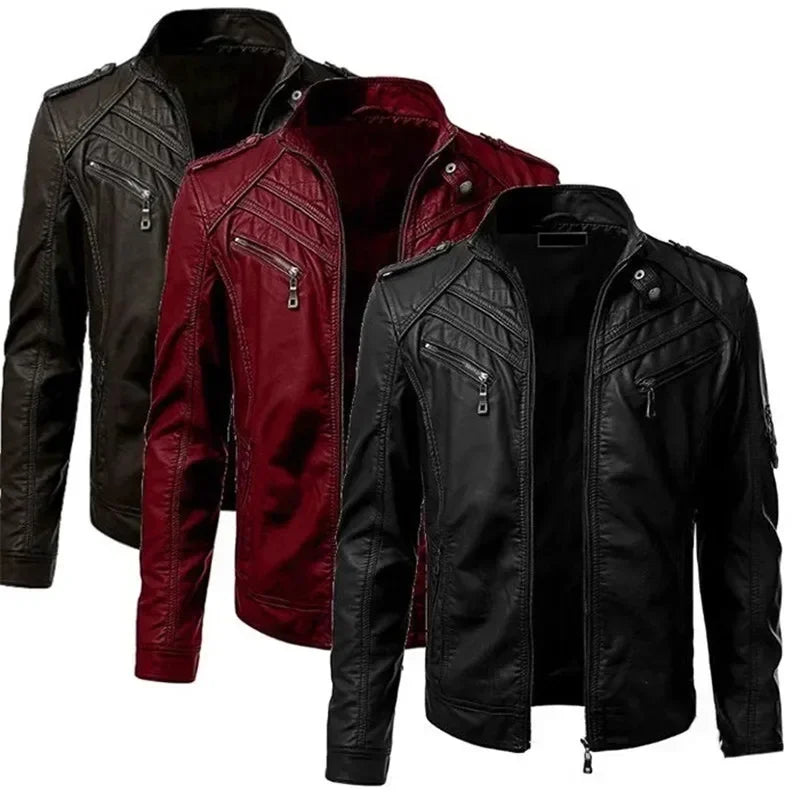 Men's Leather Jacket Stand Collar Zipper Pockets