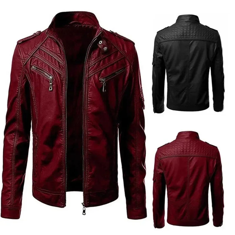 Men's Leather Jacket Stand Collar Zipper Pockets