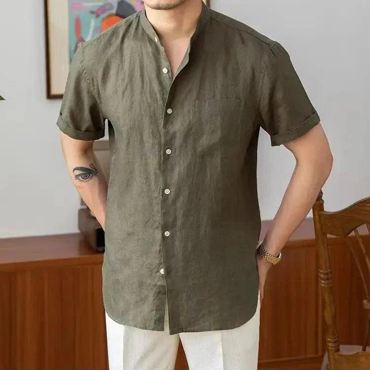 Men’s Linen Button-Up Shirt – Relaxed Fit Long Sleeve with Mandarin Collar