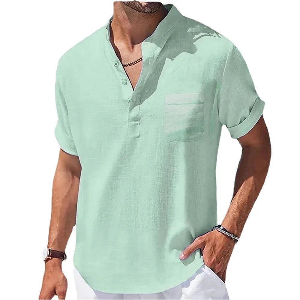 Men's Summer Henley T-Shirt | Cotton and Linen Blend, Short Sleeve Casual Top - northernnomad