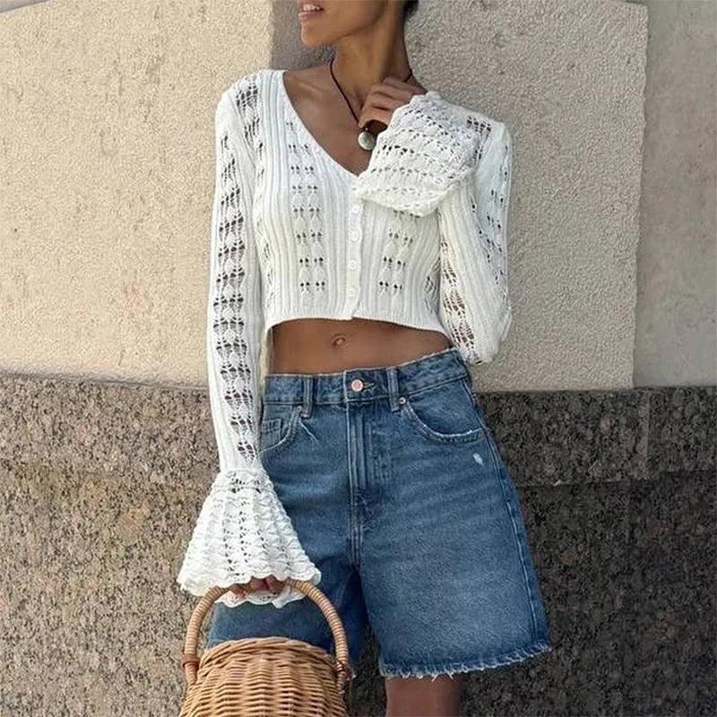 Women's Long Sleeve V Neck Crochet Cardigan