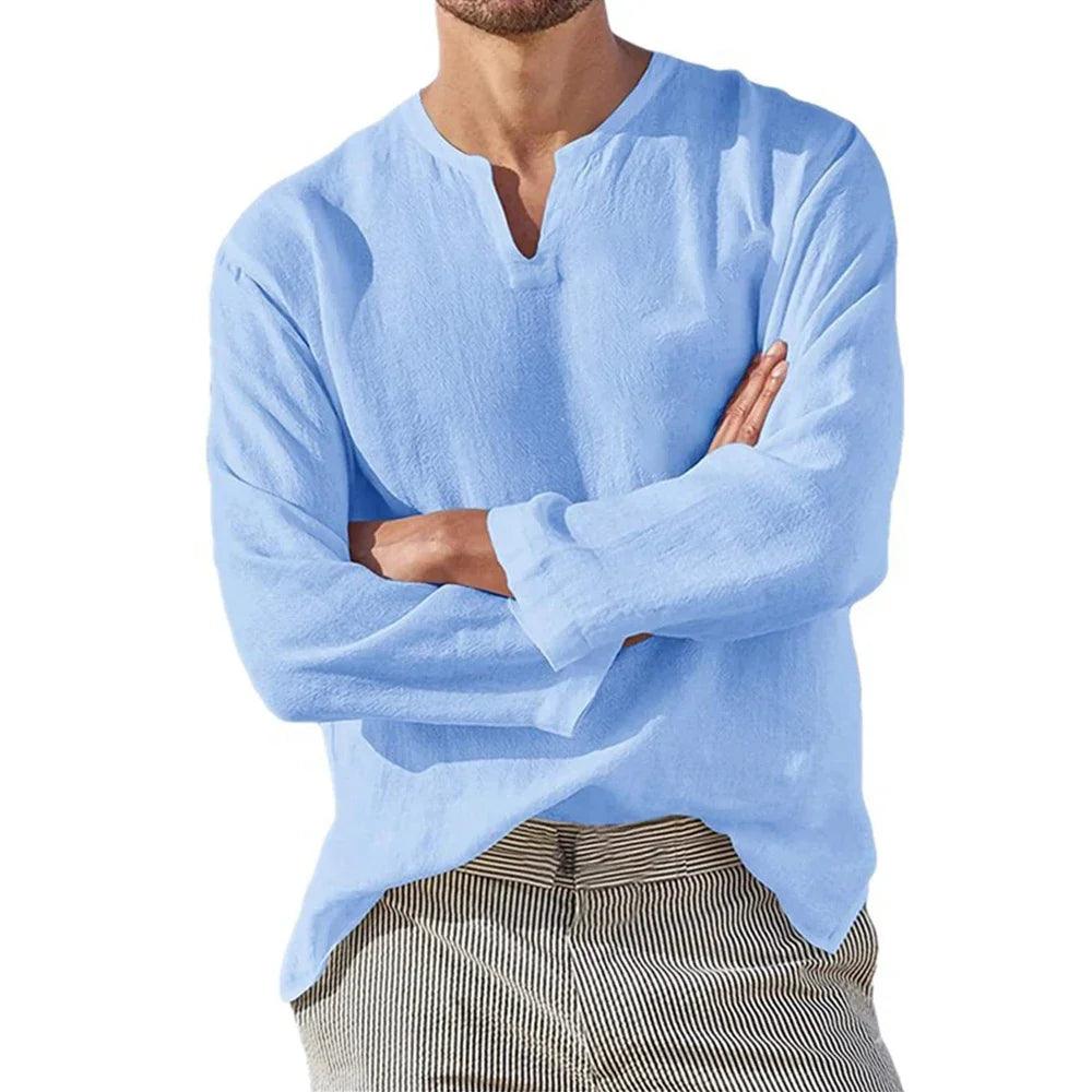 Breezewalk Linen Shirt | Men's V-Neck Long Sleeve Cotton Blend Pullover - northernnomad