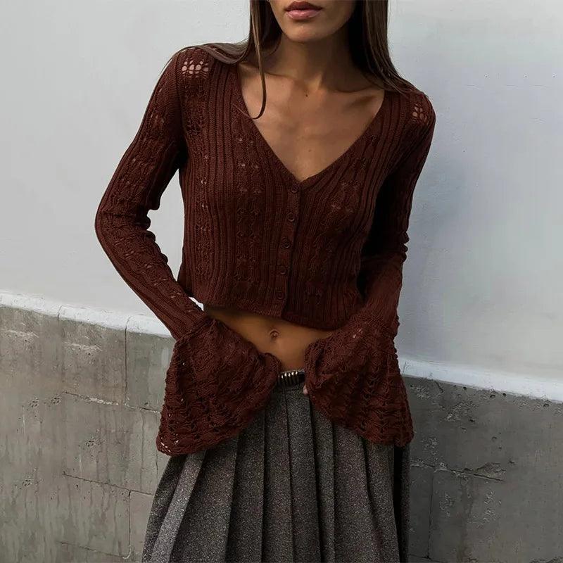 Women's Long Sleeve V Neck Crochet Cardigan