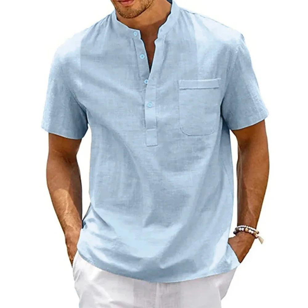 DuneCraft Henley | Men’s Cotton-Linen Pocket Tee for Summer Comfort - northernnomad