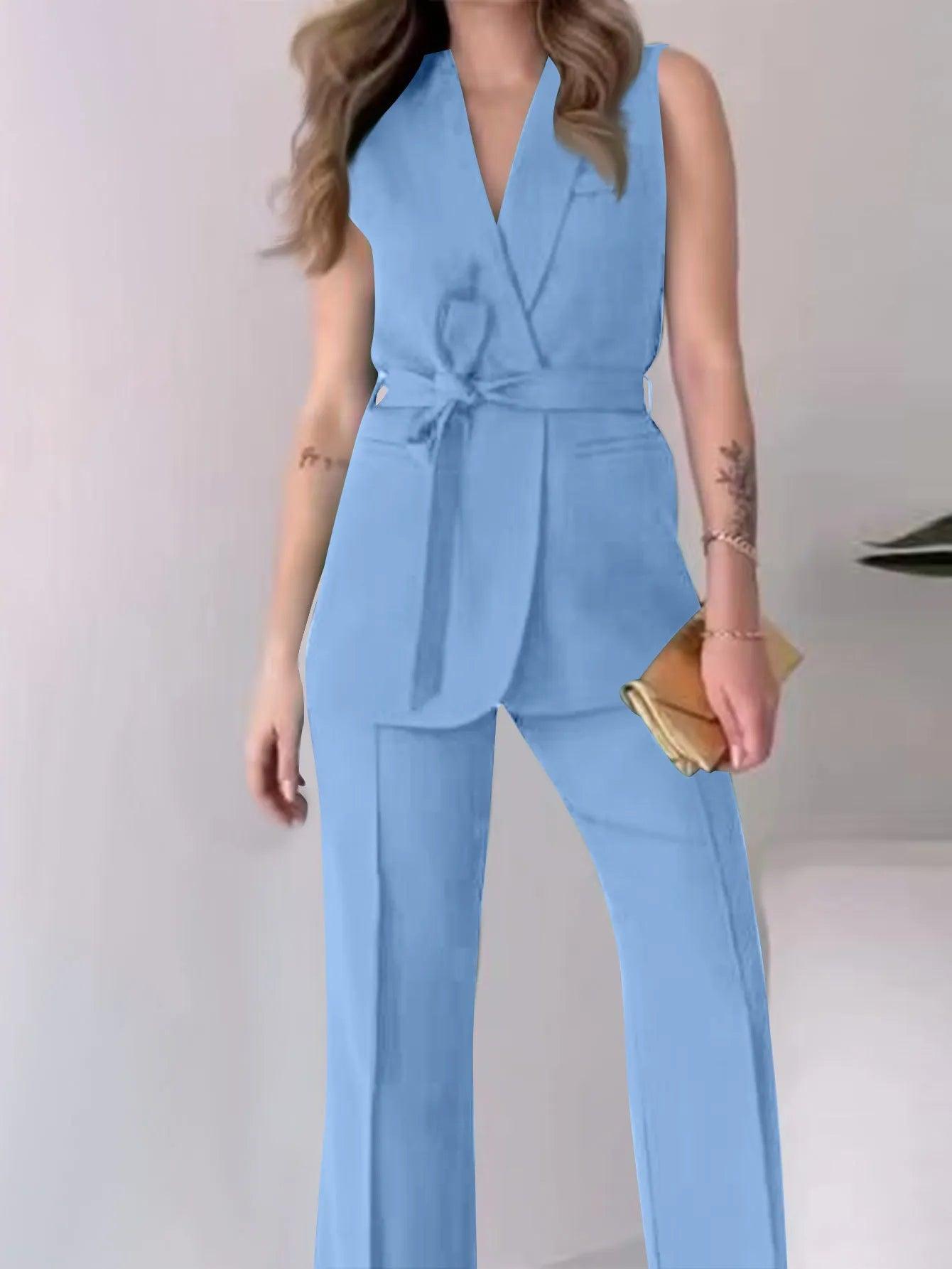 Women's Tailored Sleeveless Blazer Suit with V-Neck and High-Waisted Trousers
