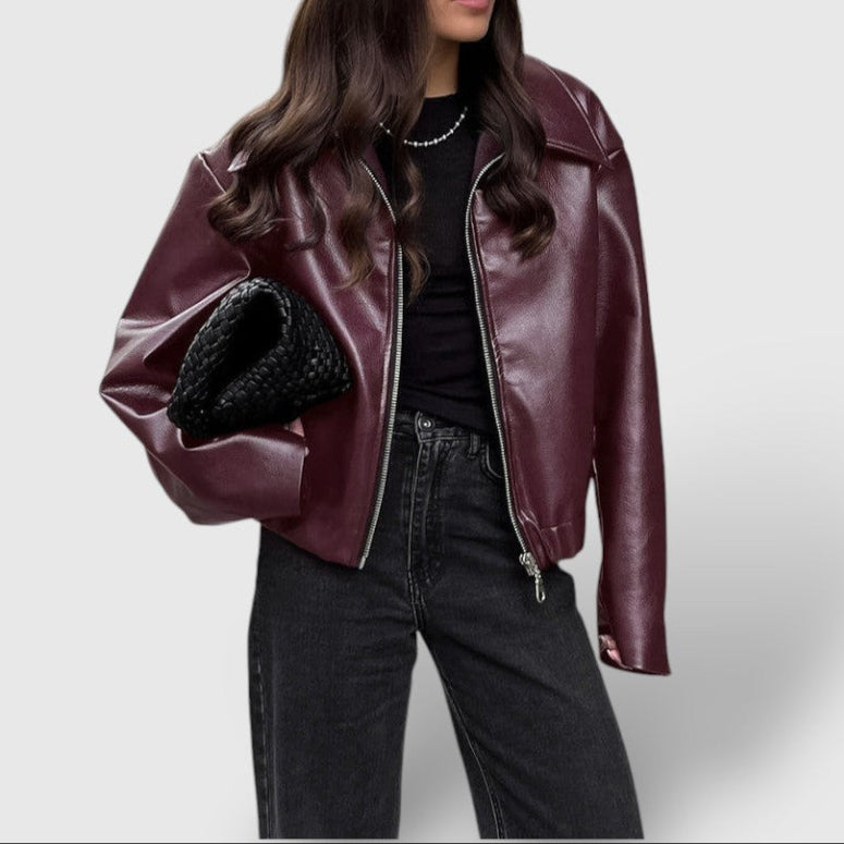 Women's Leather Jacket Zip-Up Stand Collar