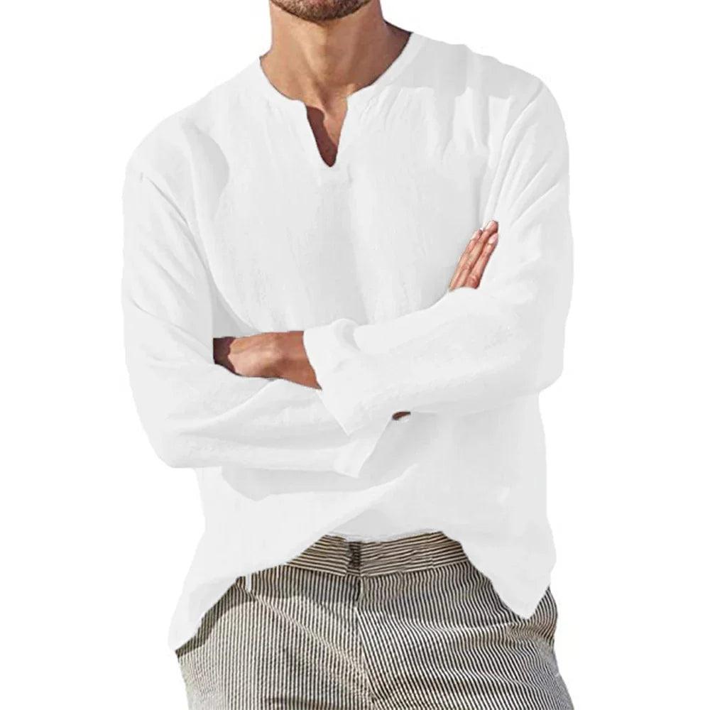 Breezewalk Linen Shirt | Men's V-Neck Long Sleeve Cotton Blend Pullover - northernnomad