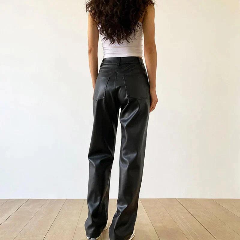 Women's Wide Leg Faux Leather Trousers High Waisted Chic Fit