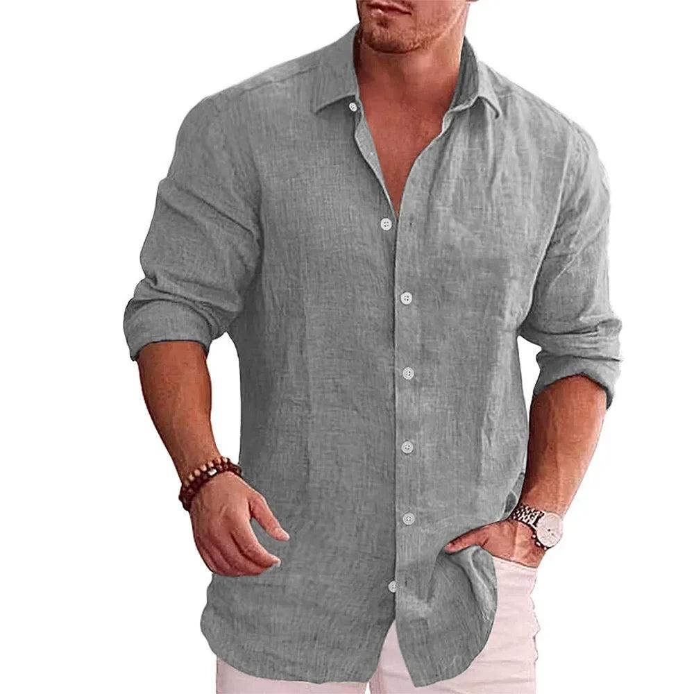 Cotton-Linen Autumn Shirt for Men | Solid Color Casual Style with Turn-Down Collar - northernnomad