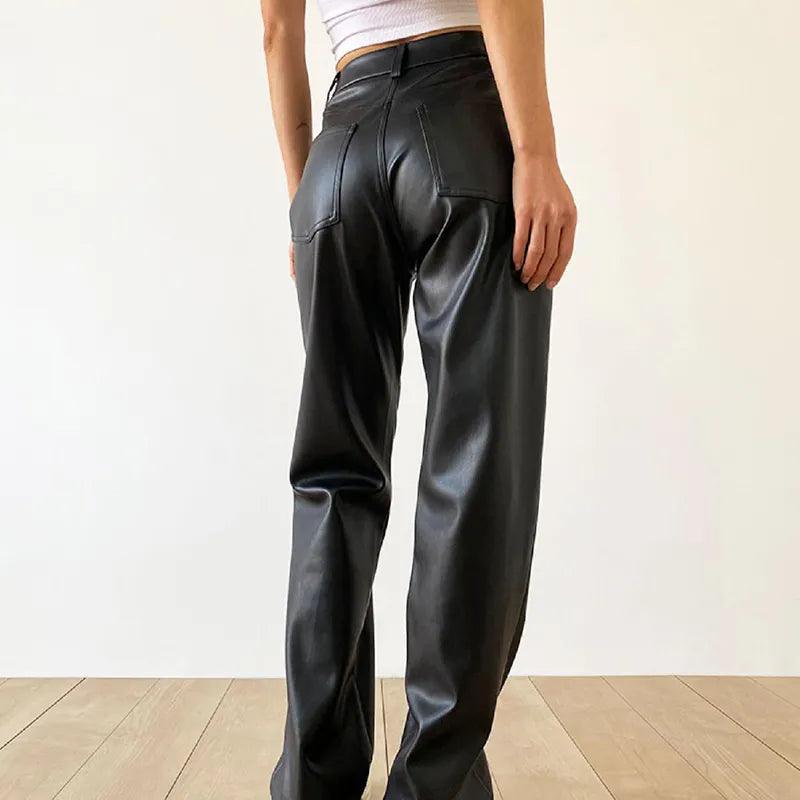 Women's Wide Leg Faux Leather Trousers High Waisted Chic Fit