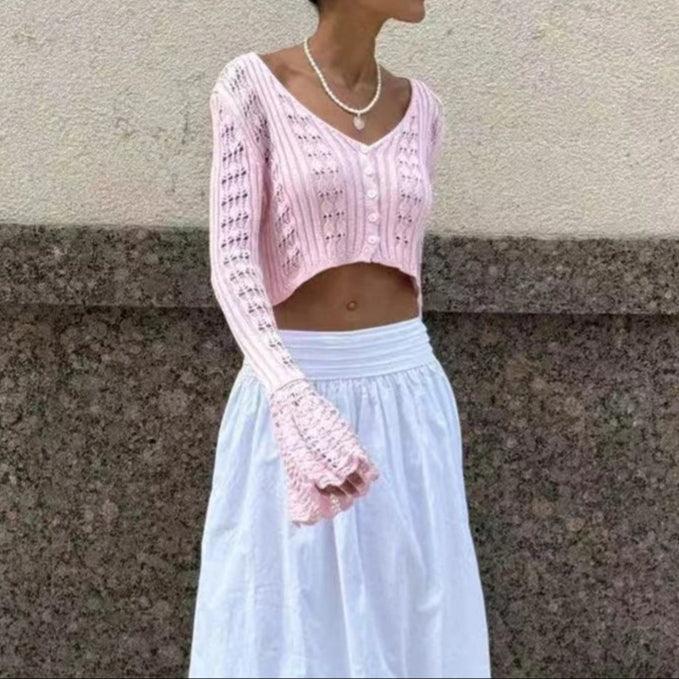 Women's Long Sleeve V Neck Crochet Cardigan