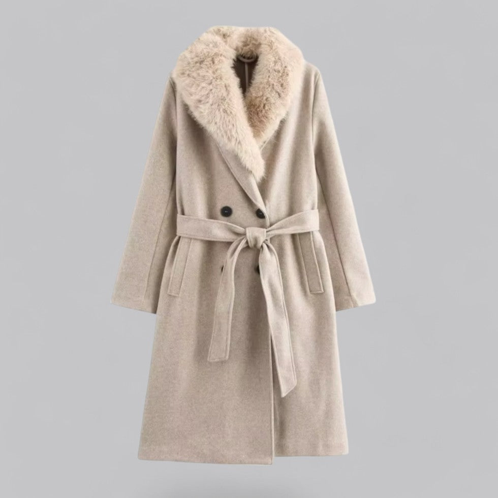 Women's Wool Trench Coat with Fur Trim