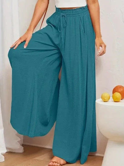Women's High Waist Wide Leg Palazzo Trousers with Elastic Drawstring